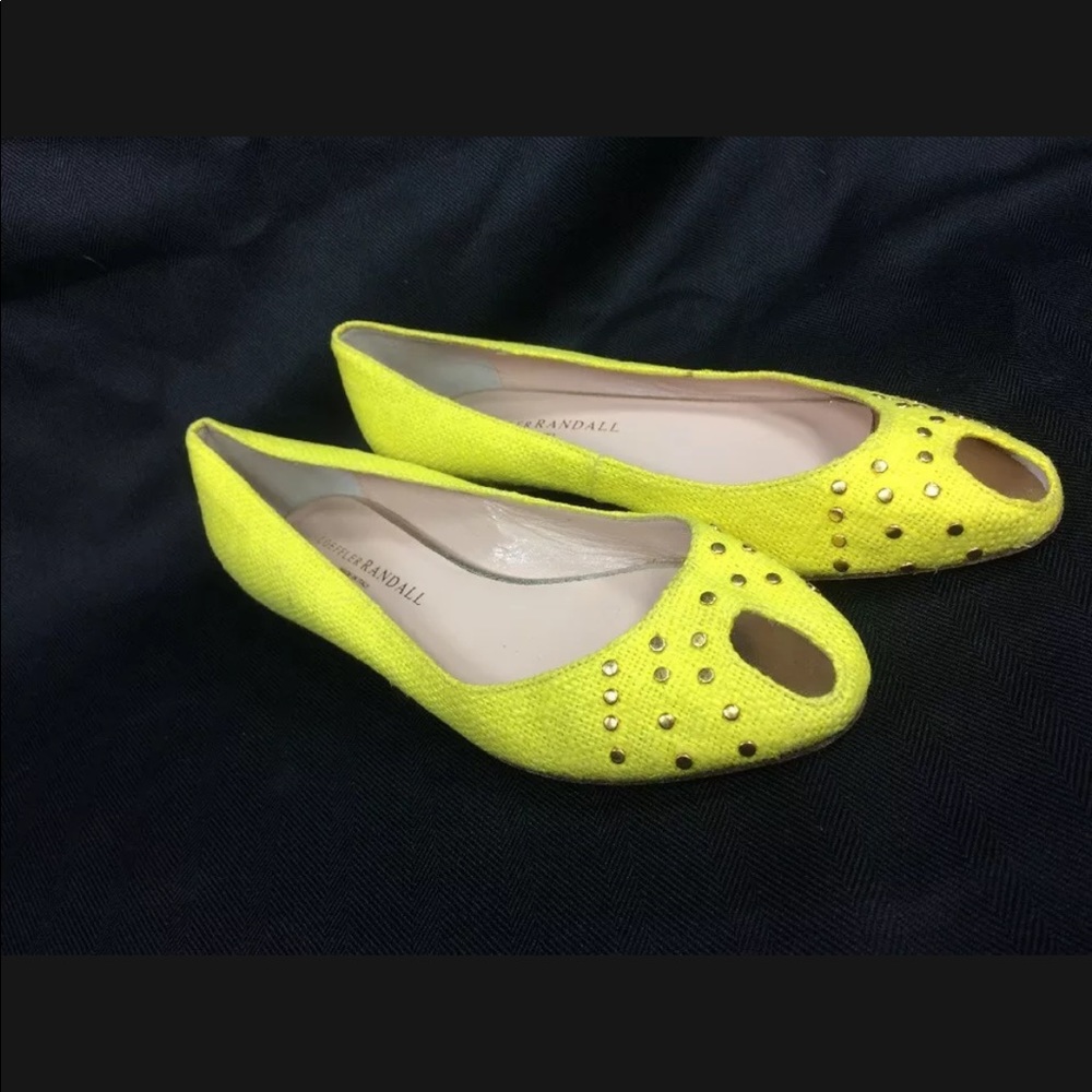 Loeffler Randall Flat Gold Studs Peep-Toe Yellow Linen Low Heel Shoes Flats